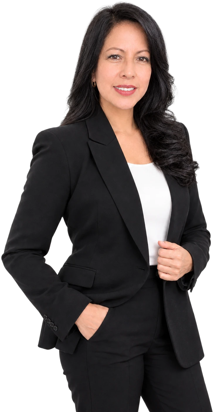 Verónica Flores, de pie, con traje negro
